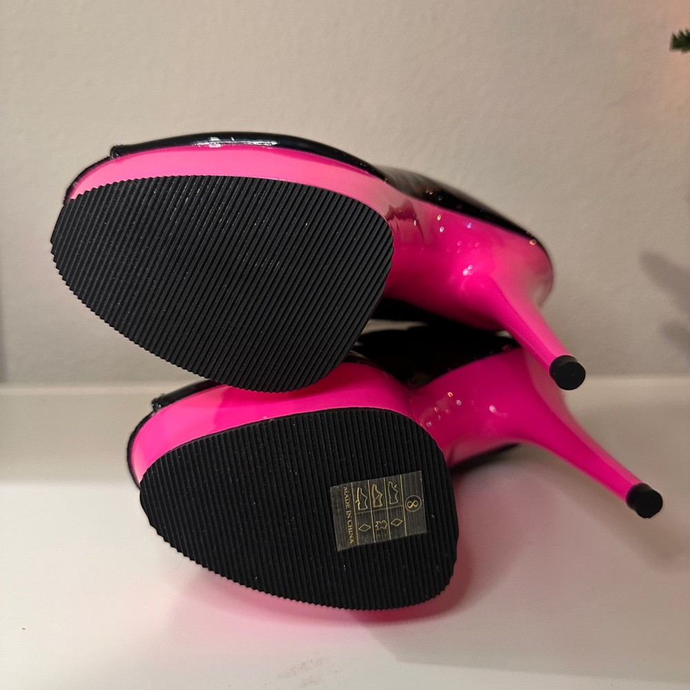 Pleaser Black and Pink Strappy Platform Heels - Picture 5 of 9